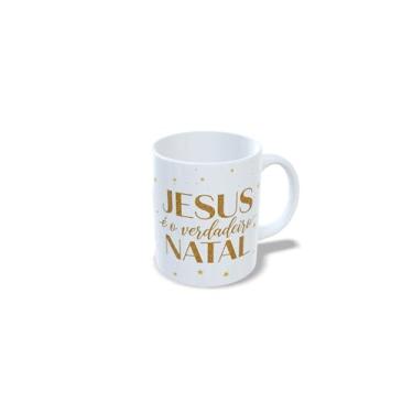 Imagem de Caneca Natalina de Cerâmica, Sagrada Família, Branca, 325ml, com Mensagem sobre o natal, e imagens de Jesus, Maria e José (23175)