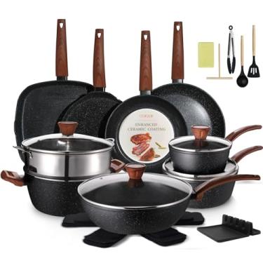 Imagem de Conjunto de panelas e frigideiras antiaderentes de cerâmica conjunto de cozinha não tóxico com utensílios de vaporizadores compatíveis com indução, livre de PFAS/PFOA, seguro para forno e lava-louças