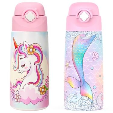 Imagem de Garrafa de água isolada para meninas com canudo pop-up coberto, copos infantis de 473 ml com aço inoxidável à prova de vazamento para escola (pacote com 2, unicórnio + sereia)
