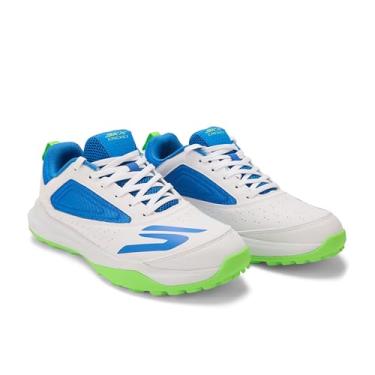 Imagem de Skechers Tênis masculino de críquete | Cabedal sintético e de malha | Amortecimento de EVA | Sola de grama de borracha, branco/azul, 42