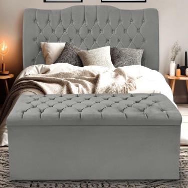 Imagem de Kit Cabeceira E Calçadeira Baú Dunas Queen 160 Cm - Veludo Cinza Grafite