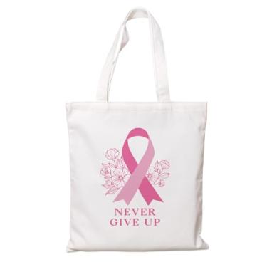 Imagem de Never Give Up Bolsa de lona de conscientização do câncer de mama com fita rosa - Sacola floral inspiradora reutilizável para mulheres e sobreviventes de câncer
