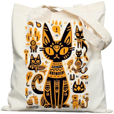 Imagem de bafayago Sacola de gato egípcio para amantes de gatos, presente para amantes de gatos, linda bolsa de lona com alça larga dupla face com fecho de pressão e bolso interno para trabalho, compras