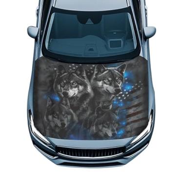 Imagem de Gearider Capa de capô frontal de carro lobo proteção bandeira americana elástica auto capô cobertor acessórios para veículos decoração externa externa para a maioria dos caminhões pequenos de Sedan