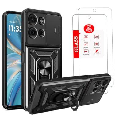 Imagem de Capa para Motorola Moto G75 5G com [pacote com 2] protetor de tela de vidro temperado, para Moto G75, capa protetora resistente [grau militar], com suporte magnético capa preta para celular