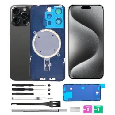 Imagem de Yuntunele Tampa traseira de vidro (inclui vidro de lente, suporte, ímã) Substituição compatível com iPhone 15 Pro Max Todas as operadoras com conjunto de ferramentas profissionais (preto)