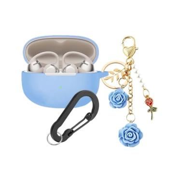 Imagem de Capa para SHOKZ OpenDots ONE Capa com chaveiro de flor, linda capa protetora de silicone macio para fones de ouvido abertos OpenDots ONE E310 com mosquetão para mulheres e meninas (azul claro)