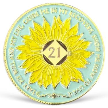 Imagem de Girassol Medalhão NA 21 Anos NA Moeda de Sobriedade AA com Serenidade Oração NA Recuperação Chip Comemorando Vida Limpa e Sóbria 1-25 Anos Narcóticos Presentes Anônimos para Mulheres Homens