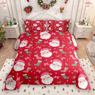 Imagem de Feelyou Conjunto de edredom de Papai Noel com laço vermelho, tamanho casal, fofo, de Natal, com laço kawaii, para quarto de crianças, meninos, meninas, bolinhas, microfibra macia e respirável