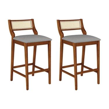 Imagem de Conjunto 2 Banquetas Lagum Jequitibá Natural Assento Linho Cinza Encosto Palha Sextavada