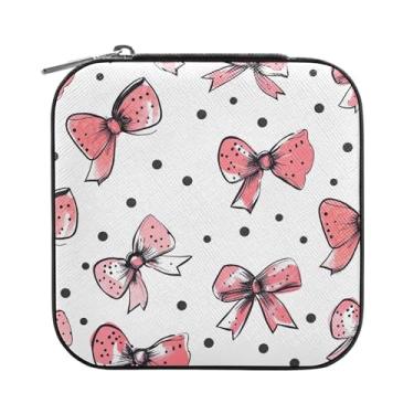 Imagem de SEHANY Caixa de joias personalizada com laço rosa para mulheres, meninas, mini estojo de joias de couro PU, organizador de joias de viagem, caixa de joias para brincos, anéis, colares, presentes para