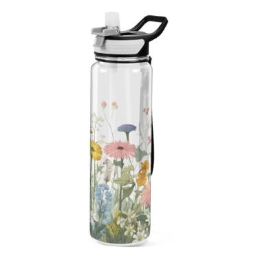 Imagem de ATTX Garrafa de água Wildflowers Butterfly, 947 g, à prova de vazamento e livre de BPA, garrafas de água reutilizáveis de plástico Tritan para viagens, academia, corrida (347)
