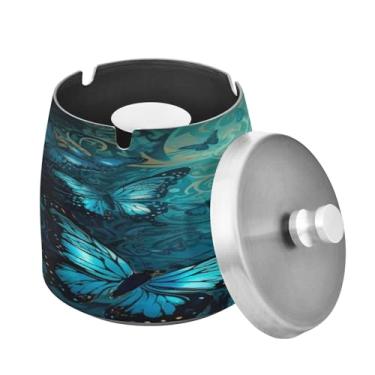 Imagem de Blueangle Cinzeiro de borboleta com tampa para cigarros, à prova de vento/chuva, aço inoxidável, sem fumaça, inodoro, cinzeiro para uso interno ou externo (165)