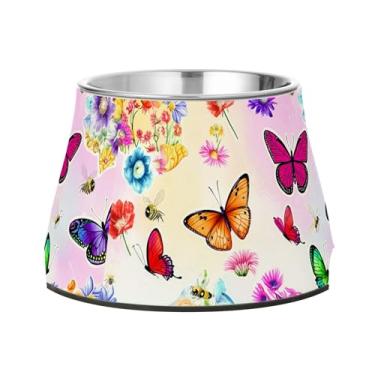 Imagem de SEHANY Tigelas de borboleta fofas para cães antiderrapantes de aço inoxidável com fundo de borracha para evitar tombamento, tigelas elevadas para comida e água quadriculadas para cães e gatos