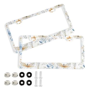 Imagem de SEHANY Molduras de placa de licença de flores florais coloridas, capas de moldura de placa de carro de alumínio à prova de ferrugem com orifícios elípticos e parafusos serve para veículos padrão dos