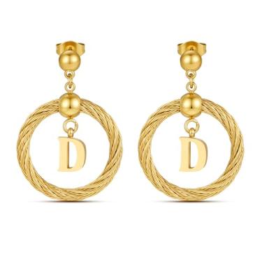 Imagem de Xiacheng Brincos de argola de ouro 18 quilates com inicial de aço inoxidável, hipoalergênicos, presentes modernos para mulheres, declaração delicada, pingente de letra A-Z, joia à prova d'água, Medium