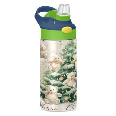 Imagem de YETTASBIN Garrafa de água de árvore de Natal para crianças, 340 g, à prova de vazamento, parede dupla, isolada, copo de viagem com tampa de canudo para meninas, meninos e crianças