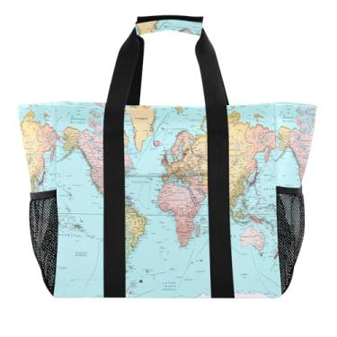 Imagem de Kigai Sacolas de compras reutilizáveis, mapa do mundo colorido, grande, sacola de compras resistente à água, bolsa de piscina dobrável para roupas, sapatos e piqueniques