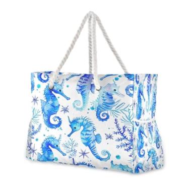 Imagem de Wassud Bolsa de praia azul cavalos-marinhos grandes bolsas de praia para mulheres, impermeável, à prova de areia, bolsa de viagem com zíper e bolso para piscina, academia, acampamento
