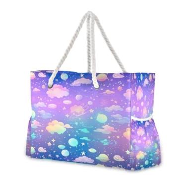 Imagem de Wassud Bolsa de praia com desenho animado universo grande bolsa de praia para mulheres, à prova d'água, à prova de areia, bolsa de viagem com zíper e bolso para piscina, academia, acampamento