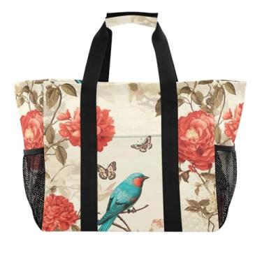 Imagem de Wassud Sacolas de compras reutilizáveis para pássaros e flores turquesa grande bolsa organizadora de lona impermeável para praia, piquenique, lavanderia, viagem