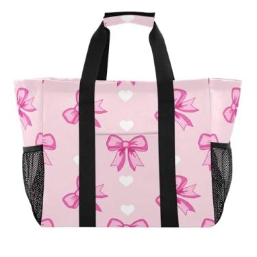 Imagem de Wassud Sacolas de compras reutilizáveis com laços e corações brancos, bolsa grande, impermeável, organizador de lona para praia, piquenique, lavanderia, viagem