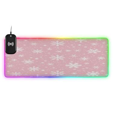 Imagem de CEBUGI White Snowflakes Mouse Pad de carregamento sem fio 15 W rápido para jogos com 14 iluminação LED RGB para jogos, MacBook, PC, laptop, mesa | 80 x 30 cm