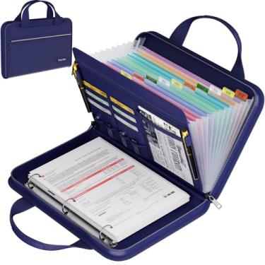 Imagem de Organizador de arquivos sanfonado à prova de fogo com alça, pasta expansível de 13 bolsos com zíper e etiquetas, pasta de arquivo com 3 fichários, pasta organizadora de papel com vários bolsos para