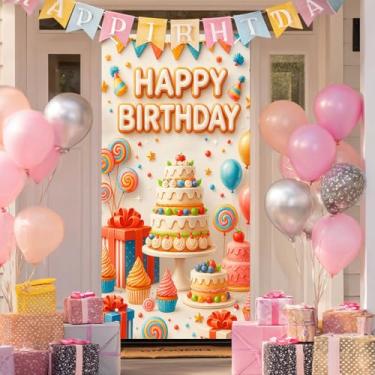 Imagem de BlissYard Capa de porta de feliz aniversário, bolos, cupcakes, presentes, 71 x 35 polegadas para porta da frente, aniversário, varanda, banner, festa, celebração, decoração, doces, doces, boas-vindas
