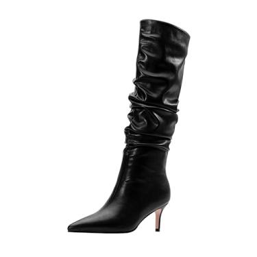 Imagem de Odetina Botas de cano alto femininas salto gatinho bico fino vestido despojado cano alto, Preto, 36
