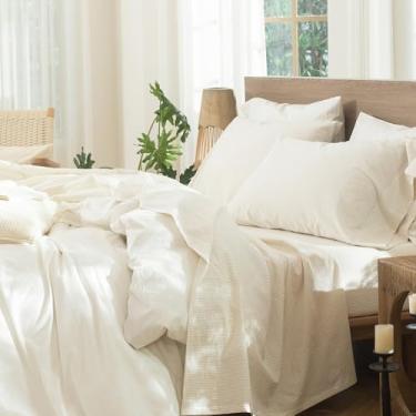 Imagem de MooMee Conjunto de lençóis listrados 100% algodão lavado, linho, texturizado, respirável, durável, macio e confortável (riscas cinza leite amêndoa, King)