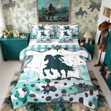 Imagem de Erosebridal Conjunto de edredom feminino ocidental, 7 peças, com chapéu de caubói solteiro, para meninas, conjunto de lençol com botas de caubói azul-petróleo camuflado, treliça, animais de fazenda,