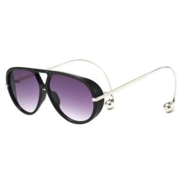 Imagem de HCHES Óculos de Sol Femininos de Luxo com Ponte Dupla, Formato Oval e Estampa de Leopardo Degradê, Armação Fina e Proteção UV400 (Preto e Cinza)