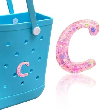Imagem de HLUWA Berloques de letras para bolsa Bogg, alfabeto itálico rosa lantejoulas acessórios para Bogg e Simply Southern Bag, pingente de letras decorativas para bolsa de praia (C)