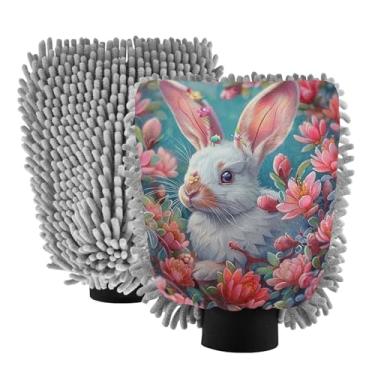 Imagem de ODAWA Pacote com 2 luvas de lavagem de carro de coelho branco flores rosa, luvas de limpeza e secagem de chenille sem riscos 18 x 26 cm