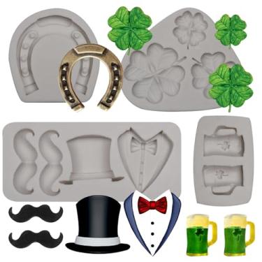 Imagem de Conjunto de moldes de silicone do Dia de São Patrício, trevo de trevo, cartola, gravata borboleta, caneca de cerveja, design de ferradura para decoração de bolos, fondant, artesanato