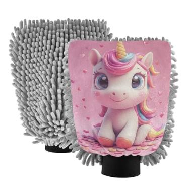 Imagem de ODAWA Luva de limpeza de carro, luva de lavagem absorvente de unicórnio de desenho animado fofo para SUVs e trailers, pacote com 2, 18 x 26 cm