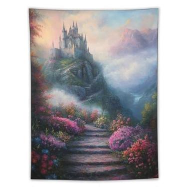 Imagem de Tapeçaria de parede para escada, castelo de montanha mágica, fantasia, penhasco, vale, paisagem, arte, para sala de estar, quarto, dormitório, apartamento, Fairycore, boho, aventura, decoração