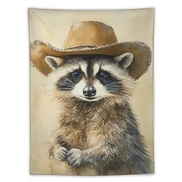 Imagem de Tapeçaria de parede com chapéu de cowboy guaxinim decoração de animais de fazenda fundo bege arte rústica fofa para sala de estar quarto aconchegante estilo country decoração de pendurar decoração
