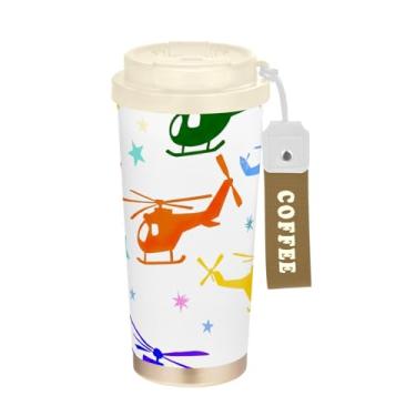 Imagem de TSENQUE Copo de café de viagem de 473 ml com revestimento cerâmico, copo de café de viagem de aço inoxidável com canudo e tampa de enchimento, copo isolado a vácuo, helicóptero colorido estrelas