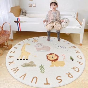 Imagem de Poowe Tapete infantil ABC Animals Tapete de berçário redondo educacional alfabeto macio tapete antiderrapante para quarto de crianças pequenas (redondo 80 cm)