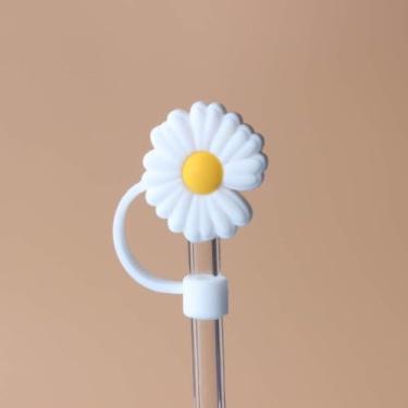 Imagem de Linda tampa de cobertura de palha de silicone com flor de rosto sorridente, à prova de respingos, reutilizável para canudo de 10 mm