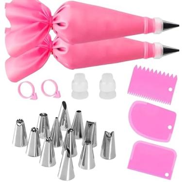 Imagem de Conjunto de 21 sacos de confeitar e pontas com 12 pontas de aço inoxidável, 2 sacos de confeitar reutilizáveis, 2 acopladores, 3 raspadores e 2 anéis de silicone, kit de ferramentas de decoração de