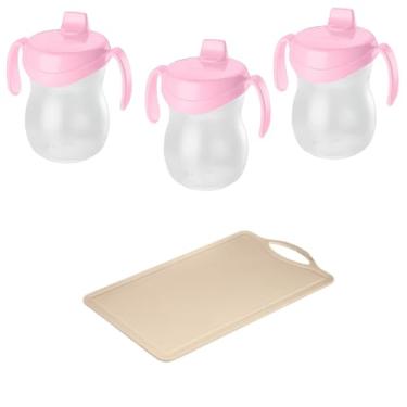 Imagem de Conjunto de 1 Tábua Bege Plástica de Corte para Alimentos + 3 Copo Infantil Atóxico de Plástico Rosa 310ml