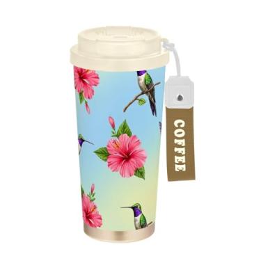 Imagem de TSENQUE Beija-flores colorido hibisco rosa, copo de café de viagem 473 ml com canudo e tampa de filp, copos de parede dupla isolados a vácuo com revestimento cerâmico para escola, escritório, festa