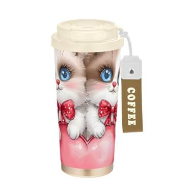 Imagem de TSENQUE Cute Cats Love Valentine, copo de café de viagem de 473 ml com canudo e tampa, copo de parede dupla isolado a vácuo com revestimento cerâmico para escola, escritório, festa, acampamento