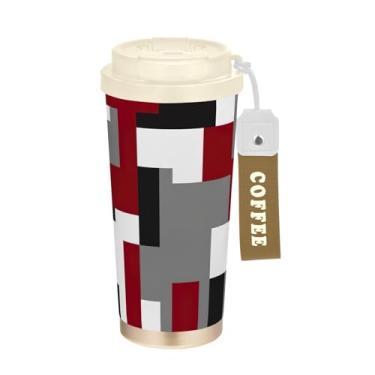 Imagem de TSENQUE Copo de café de viagem 473 ml com tampa de canudo e filp, copo de café de aço inoxidável à prova de vazamento para escritório, escola, festa, acampamento, geométrico, vermelho, preto, cinza