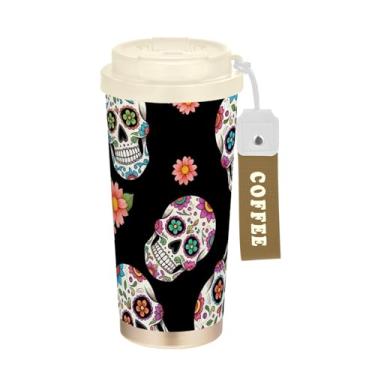 Imagem de TSENQUE Copo de café de 473 ml com canudo e tampa de enchimento, revestimento cerâmico, isolamento a vácuo, aço inoxidável, copo de café, à prova de vazamento, flores, crânios de açúcar, preto