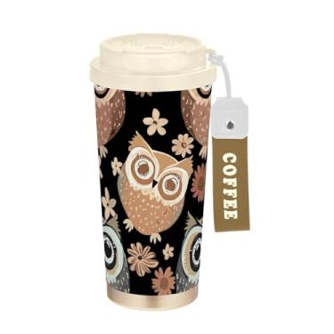 Imagem de TSENQUE Caneca de café fofa de corujas marrom e preto, 40 ml com canudo e tampa, copo de parede dupla isolado a vácuo com revestimento cerâmico para escritório, escola, festa, acampamento