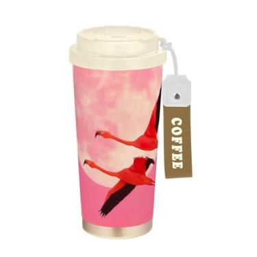 Imagem de TSENQUE Caneca de café de viagem 40 ml com canudo e tampa, copo de parede dupla isolado a vácuo com revestimento cerâmico, flamingos, lua, rosa, céu, lua